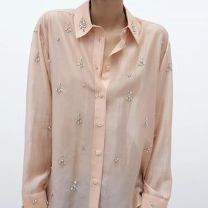 Zara NEW Collared Rhinestone Gem Applique Shirt Size SMALL - NEW WITH TAGS